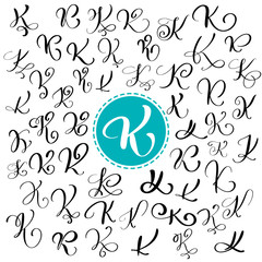 Set of Hand drawn vector calligraphy letter K. Script font. Isolated letters written with ink. Handwritten brush style. Hand lettering for logos packaging design poster