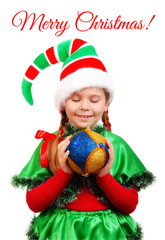 Girl Santa's elf with Christmas ball over white