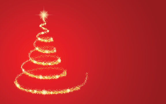 Gold Christmas tree on red background. Vector.
