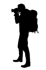 Vector realistic silhouette of a standing photographer with a backpack on the back, isolated