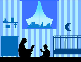 Mother and daughter read stories, one in the series of similar images silhouette