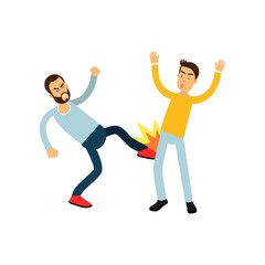 Flat vector illustration of aggressive bearded man in blue sweater beats another guy in leg