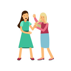 Obraz premium Cartoon flat vector illustration of furious woman drags young girl by hair and making loud public scandal