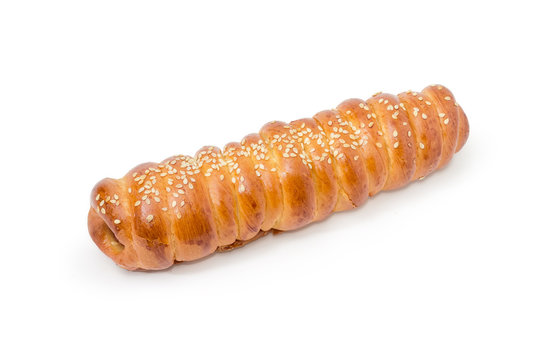 Sausage in the dough on a white background
