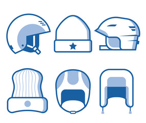 Extreme sport head wear icon set. Skiing and snowboarding helmets and caps line icons. Snowboarder protective hat in outline design. Winter activity headgear in monochrome.