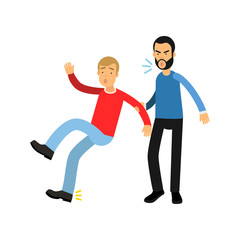 Aggressive bearded man grabbed young guy by hand and yells on him. Violent behavior concept.