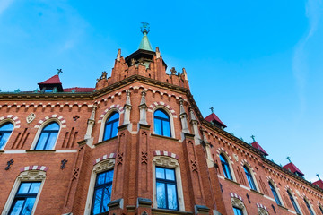 Architecture of Krakow, Poland against blue sky