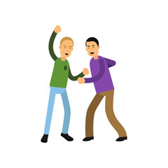 Flat vector illustration of two young men fighting with fists isolated on white background