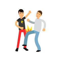 Flat vector illustration of angry man in gray sweater punches young guy in t-shirt with flash.