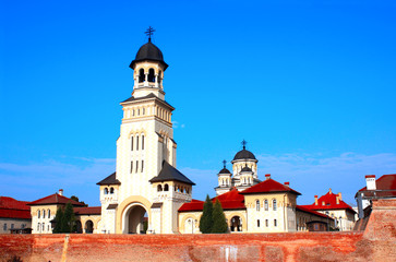 Coronation Orthodox Cathedral tower and Alba Carolina Fortress, Alba Iulia, Romania