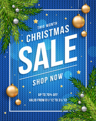 Christmas sale poster banner with knitted blue background, gold and silver Christmas balls and template text for your promotion. Eps 10 vector illustration