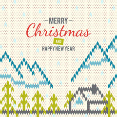 Knitted greeting card to mery Christmas and New Years. A knitted pattern with a natural landscape and a congratulatory inscription.
