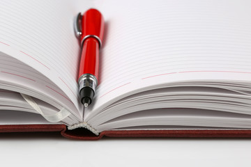 red pen lying on an open notebook.