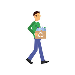 Man cartoon character walking and carrying box with plastic bottles in hand, waste sorting
