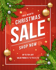 Christmas sale poster banner with knitted red background, gold and silver Christmas balls and template text for your promotion. Eps 10 vector illustration