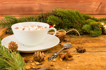 Christmas concept with hot chocolate mug and melting marshmallow