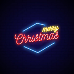 Neon signboard. Bright christmas neon banner. Christmas party billboard.