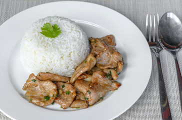 Fried Pork with Garlic and Pepper eat wiht rice. Easy thai food