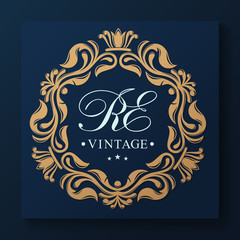 Vintage golden art frame. Vector template monogram initials. Elegant emblem logo for restaurants, hotels, bars and boutiques. It can be used to design business cards, invitations.