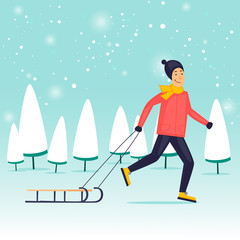 Boy is dragging the sleigh. Winter, snow, fun. Flat design vector illustration.