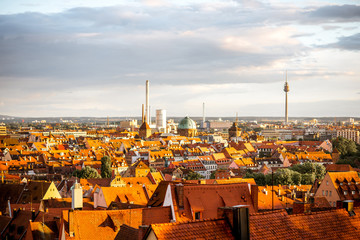 Cityscape view on the old town of Nurnberg city during the sunset in Germany