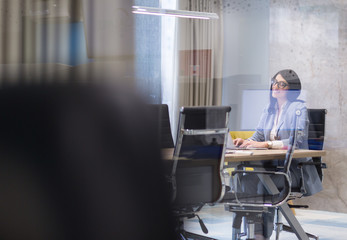 businesswoman using a laptop in startup office