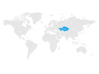 Kazakhstan marked by blue in grey World political map. Vector illustration.