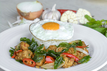 Fototapeta na wymiar Crispy chicken cooked with sweet basil eat with rice and egg.it is a very delicious Thai food.