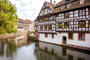 Fototapeta na wymiar View on the beautiful half-timbered ancient houses in Strasbourg old town, France