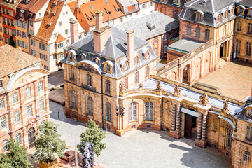 Aerial cityscape view on the old town with courtyard of Rohan palace in Strasbourg city in France - obrazy, fototapety, plakaty