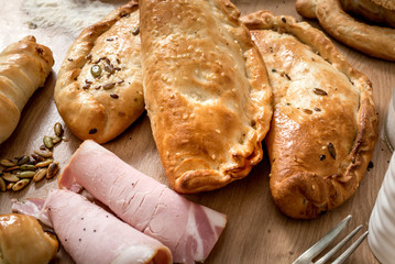 Fresh ham pie as appetizer and snack. Pastry products