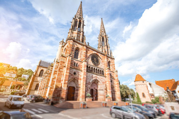 View on the saint Pierre cathedral in Obernai old town in Alsace region, France