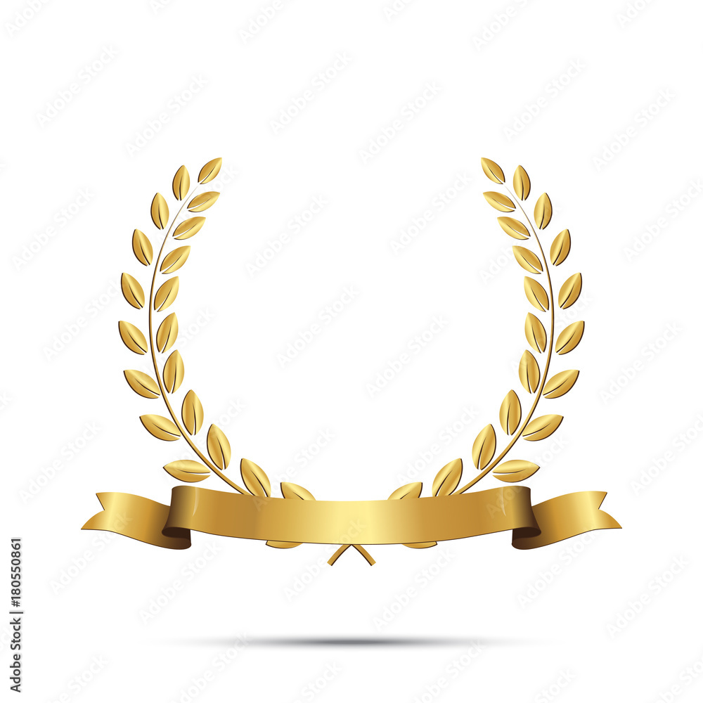 Wall mural golden laurel wreath with ribbon isolated on white background. vector design element.