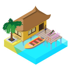 Scene of summer rest in isometric view with sea bungalow, motorboat, sunbeds, palm tree, pier and people.