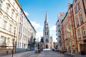 St. Mary's street and church in Katowice, Silesia, Poland