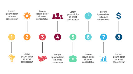 Vector arrows circles timeline infographic, diagram chart, graph presentation. Business progress concept with 8 options, parts, steps, processes.