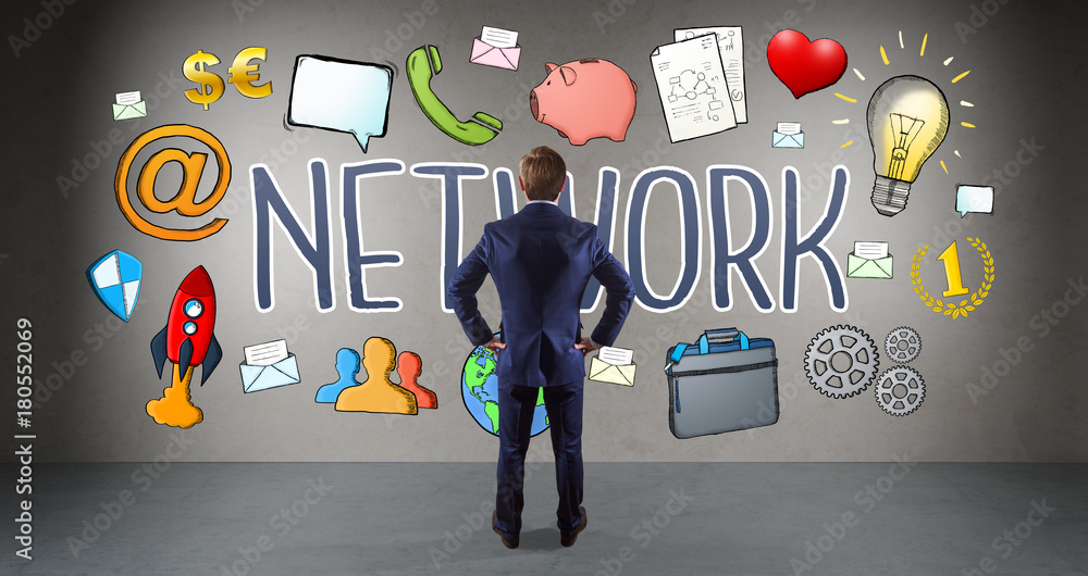 Poster businessman watching social network sketch on a wall 3d rendering