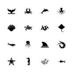 Marine Life icons - Expand to any size - Change to any colour. Flat Vector Icons - Black Illustration on White Background.
