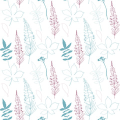 Floral vector seamless pattern with different hand drawn leaves, wild flowers and plants