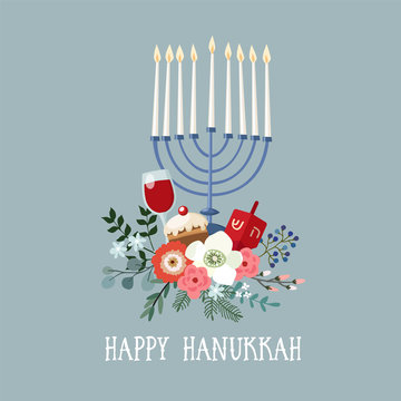 Happy Hanukkah greeting card, invitation with hand drawn candleholder, dreidle, donut and floral bouquet. Vector illustration for Jewish Festival of light.