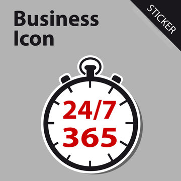 Business Clock Icon 24/7 365 Days - Sticker label for Customer Service, Support, Call Center... Isolated on White Background