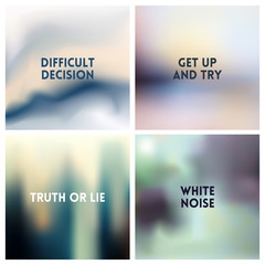 Abstract vector silvery gray white blurred background set. Square blurred backgrounds set - under sea ocean beach colors With love quotes