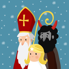 Saint Nicholas with angel, devil and falling snow. Cute Christmas invitation card, vector illustration, winter background.