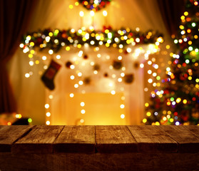 Christmas Kitchen Wood Table, Xmas Holiday Night Lights, Empty Wooden Desk