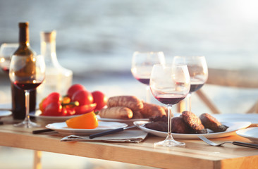 Table served for barbecue party, outdoors