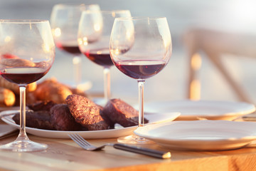 Table served for barbecue party, outdoors