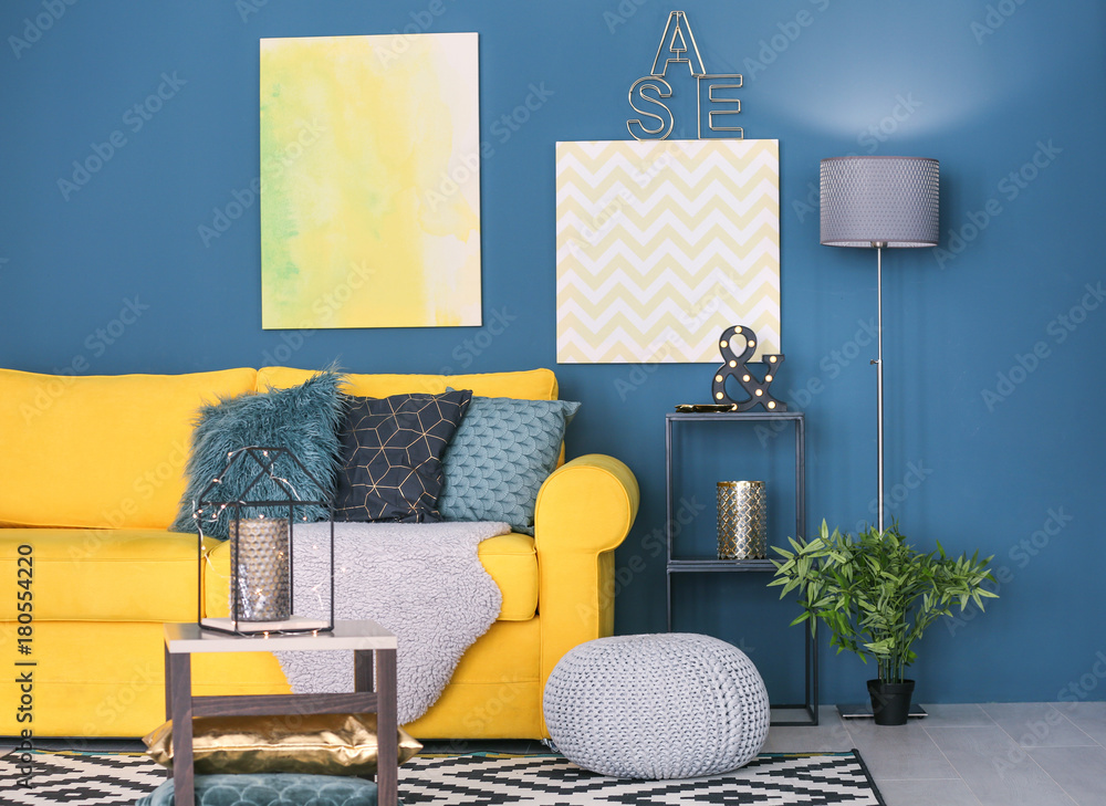 Sticker modern living room interior with yellow sofa