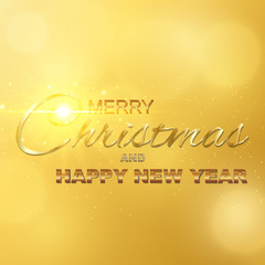 Merry Christmas and Happy New Year greeting card with light, colored text Design on gold background