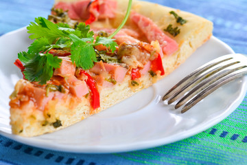 Piece of homemade pizza on a plate