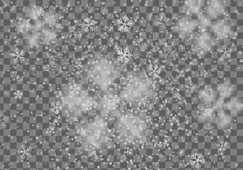 Vector heavy snowfall, snowflakes in different shapes and forms. Many white cold flake elements on transparent background. Snow falling, snow flakes background.